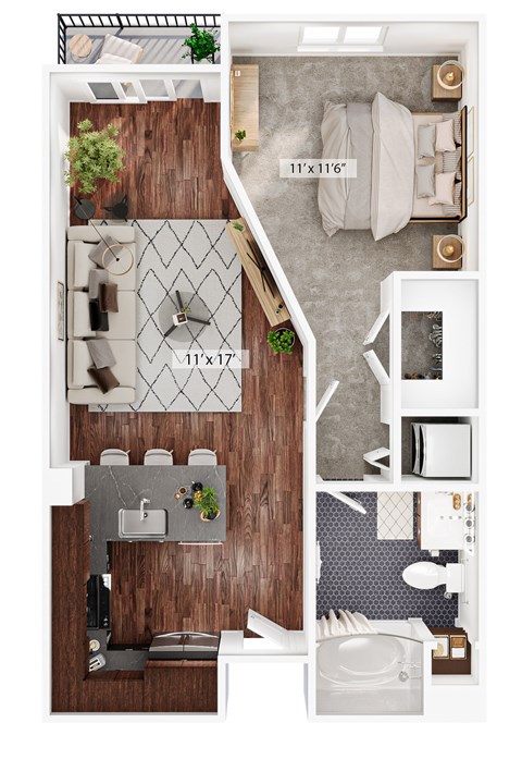 Floor plan for 1 bed, 1 bath, 622 sqft